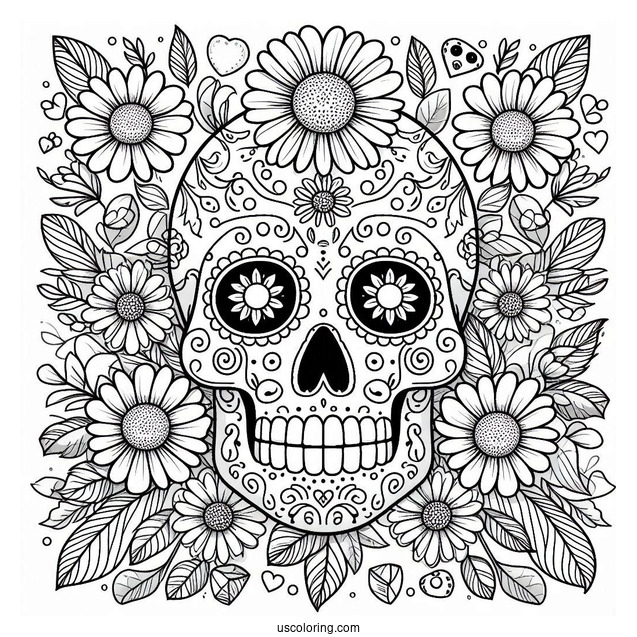 Sugar Skulls Coloring Page Surrounded By Daisies And Leaves