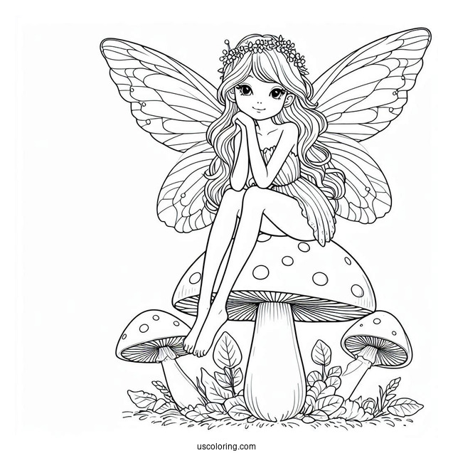 Pretty Fairy Sitting On A Mushroom Coloring Page