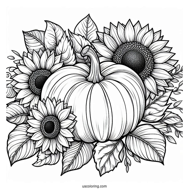 Pumpkin Coloring Page Of Sunflowers, And Leaves