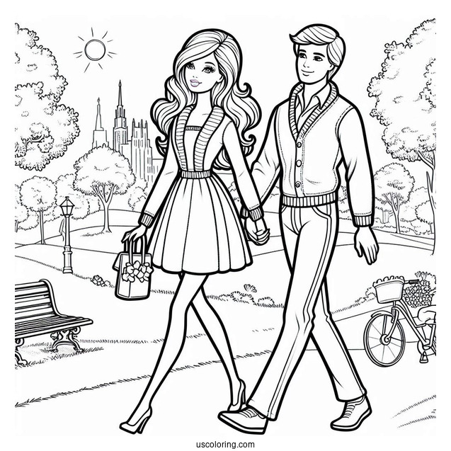 Barbie And Ken Walking In Park To Color
