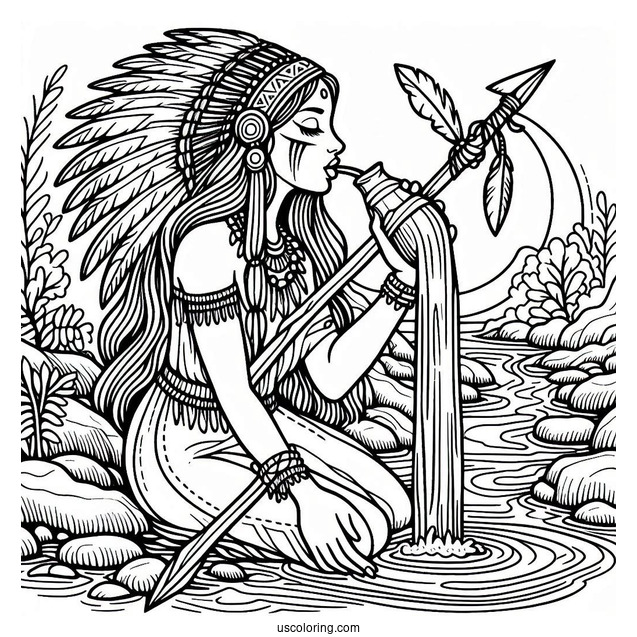 Native American Coloring Page Woman Holding Spear While Drinking From River