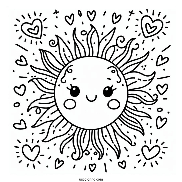 Adorable Summer Coloring Page Of Sun With Love Heart Sunrays For Preschoolers