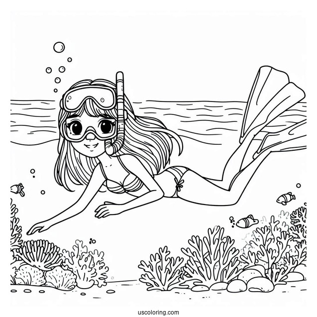 Swimming Coloring Page OfGirl Snorkeling At The Sea
