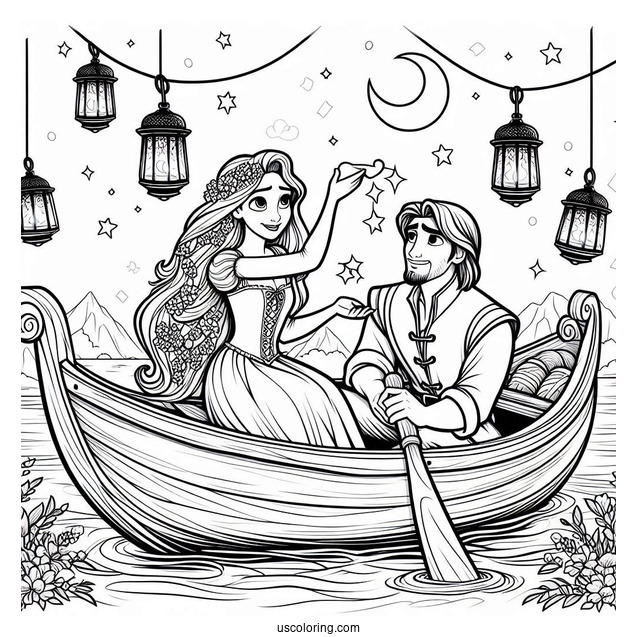 Rapunzel And Eugene In Boat With Lanterns To Color