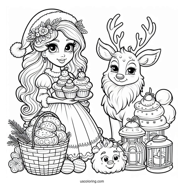 Mrs Claus With Baked Cookes And Rudolph To Color