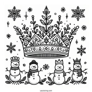 Winter Crown Coloring Page with Snowflakes and Snowmen