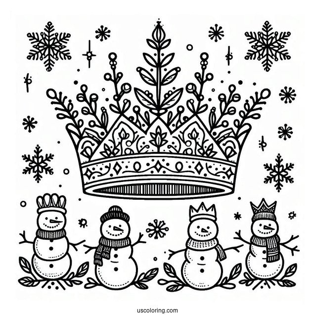 Winter Crown Coloring Page with Snowflakes and Snowmen