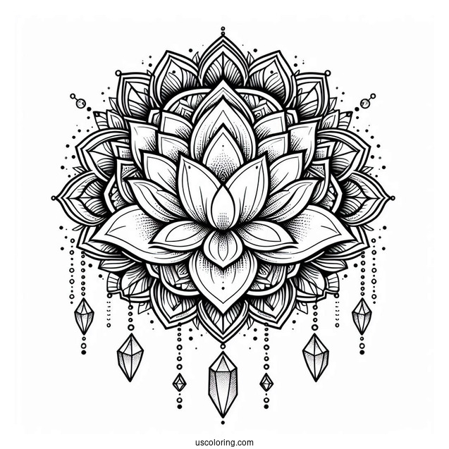Lotus Flower Mandala Coloring Page With Hanging Crystals