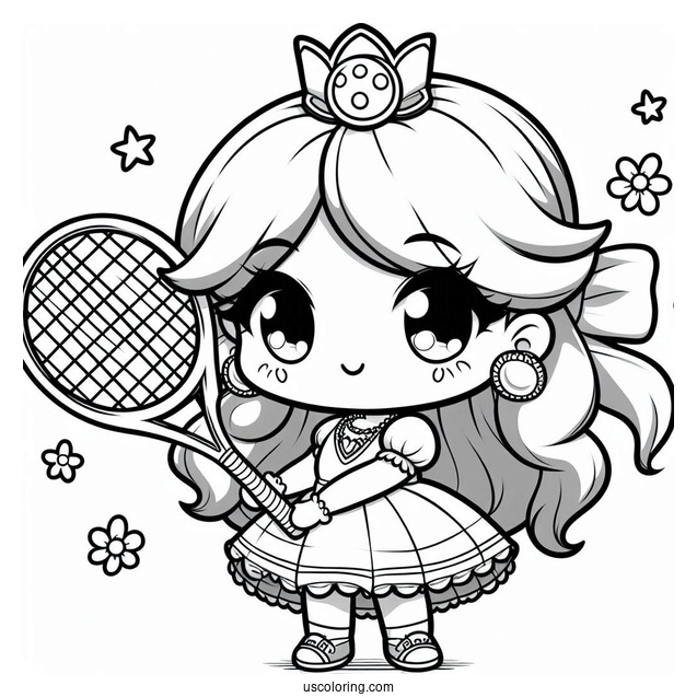 Kawaii Chibi Princess Daisy Coloring Page Holding Tennis Racket For Preschoolers