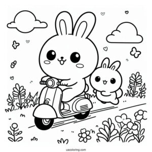 Pochacco Coloring Page And Friend Riding a Scooter On The Grass