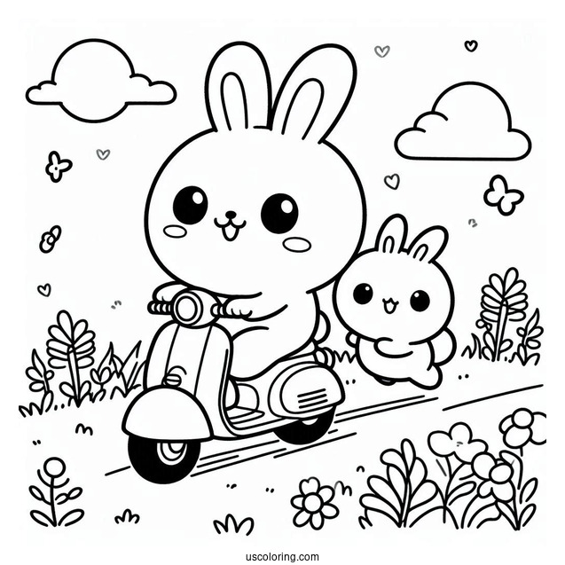 Pochacco Coloring Page And Friend Riding a Scooter On The Grass