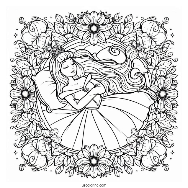 Sleeping Beauty Coloring Page Of Princess Aurora At The Center Of A Flower Mandala