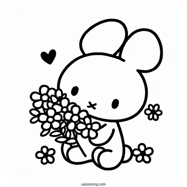 Easy Miffy Coloring Page Holding Flowers
