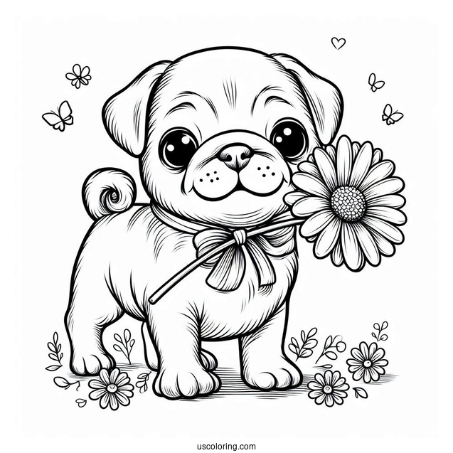 Pug Puppy Holding Flower In Mouth To Color