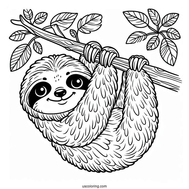 Smiling Sloth Hanging From Tree Branch To Color