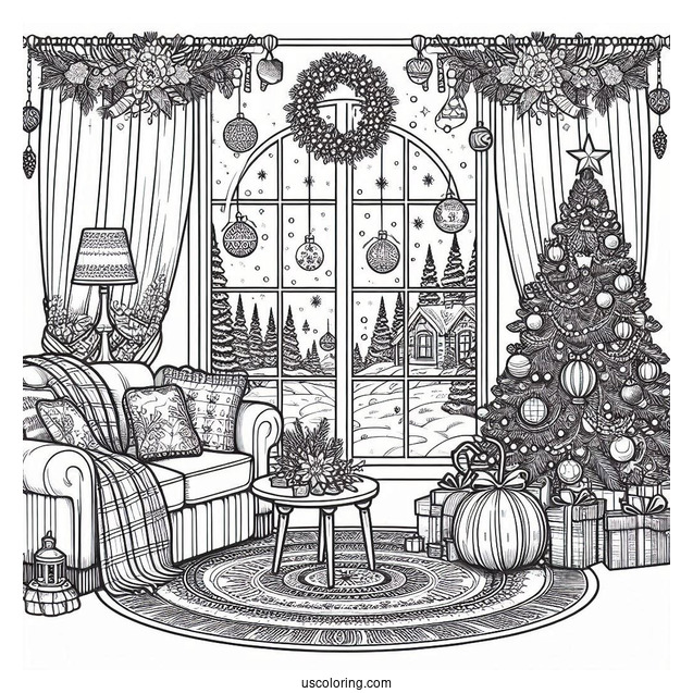 Christmas Coloring Pages For Adults Of Window Looking Into Living Room With Christmas Decors