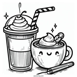 Cute Coffee Coloring Pages Of Cup Next To Cup Of Iced Beverage