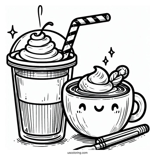 Cute Coffee Coloring Pages Of Cup Next To Cup Of Iced Beverage