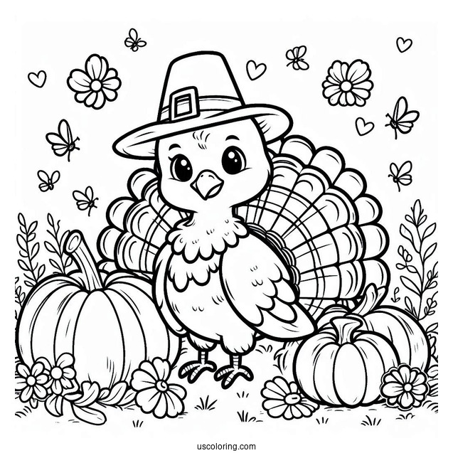 Pilgrim Coloring Page Cute Turkey With Pumpkins On The Grass For Kids