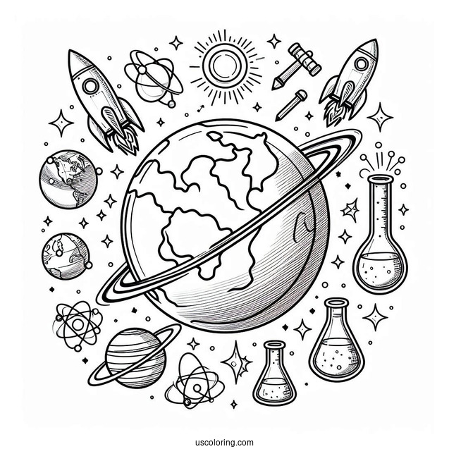 Simple Earth Surrounded By Rockets, Planets, Flasks, And Magnets Science Coloring Page