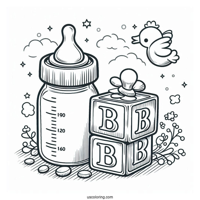 Baby Coloring Page Of Bottle, Pacifier, And Letter Blocks