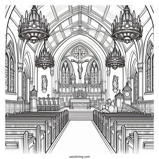 Church Coloring Page Interior With Pews, Stained Glass, And The Crucifixion