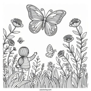 A Butterfly Hovering Over A Field Of Flowers With Two Children