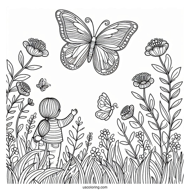A Butterfly Hovering Over A Field Of Flowers With Two Children