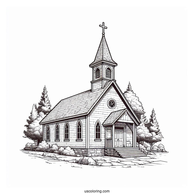Angled View Of A Small Church Coloring Page Building