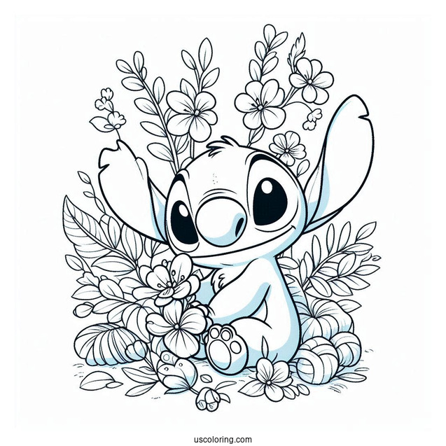 Stitch Smiling At Flowers In Spring Coloring Page