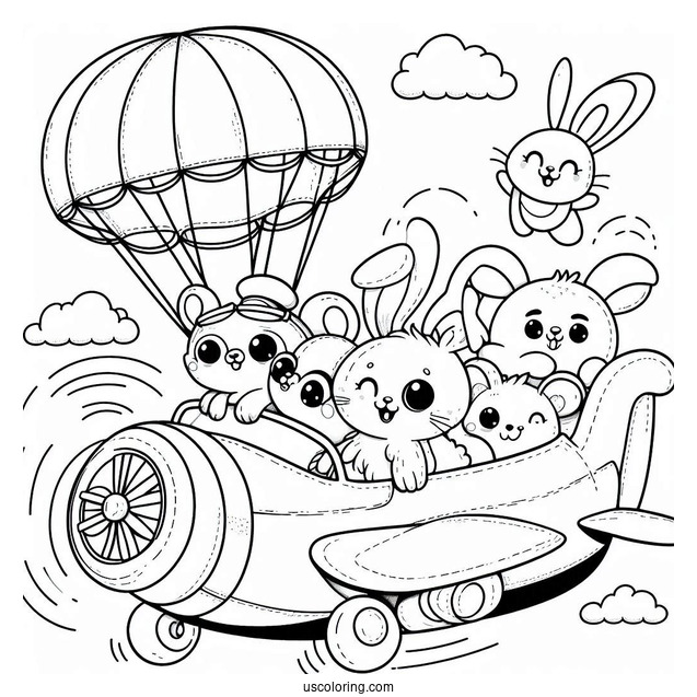 Smiling Critters Coloring Page On A Flying Car