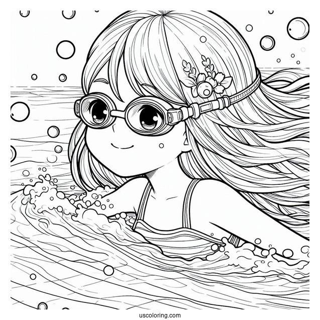 Girl Wearing Goggles Swimming Coloring Page Under Water