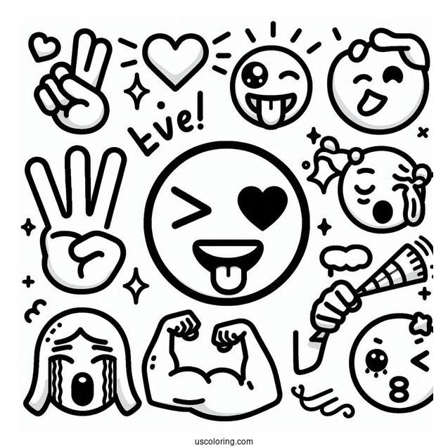 Peace Sign, Winking With Tongue, Heart Eyes, Heart, Raising Hands, Party Popper, Loudly Crying, Hundred Points, Folded Hands, Blow a Kiss, Flexed Biceps, Dizzy Face Emoji Coloring Page