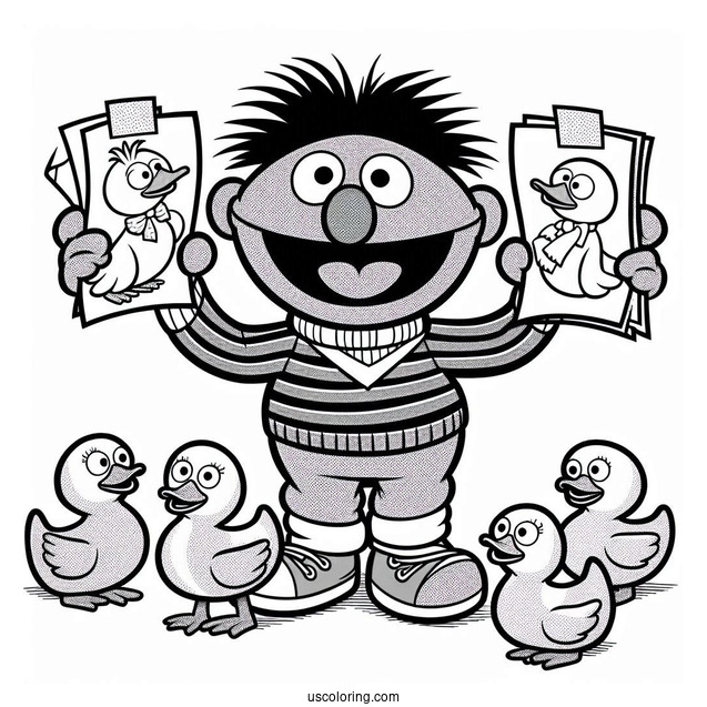Ernie Holding Paper Ducks Coloring Sheet