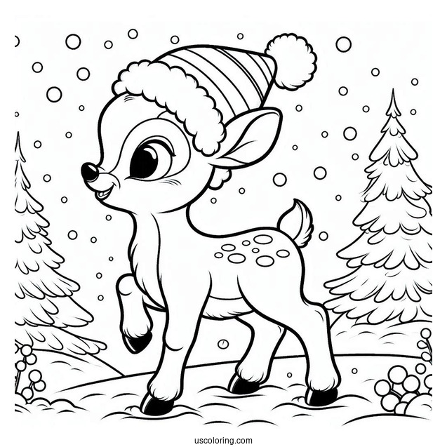 Rudolph Coloring Page Wearing A Santa Hat While Walking In The Snow