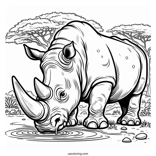 Angry Looking Rhino Next To Watering Hole