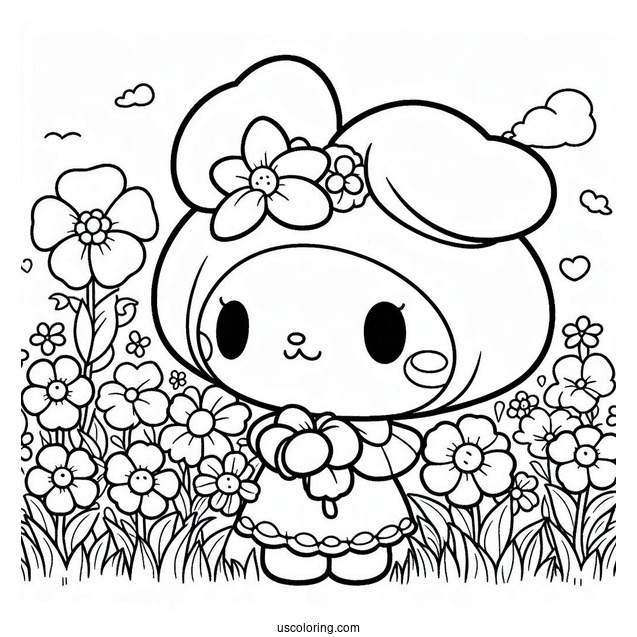 My Melody Coloring Page In Flower Field With Kuromi