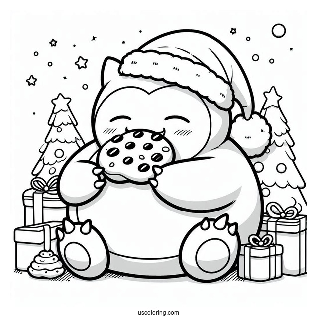 Pokemon Christmas Coloring Page Happy Snorlax Eating Christmas Cookies