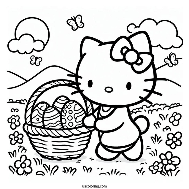Easter Coloring Page Of Easy Hello Kitty Walking With Basket Of Easter Eggs