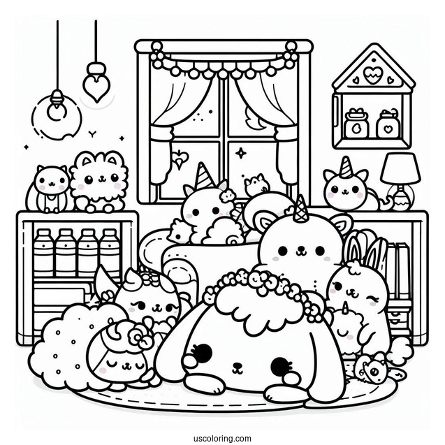 Kawaii Little Animals Resting In A Room Coloring Sheet