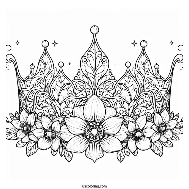Fantasy Flower Crown Coloring Page with Elegant Petal Patterns For Kids