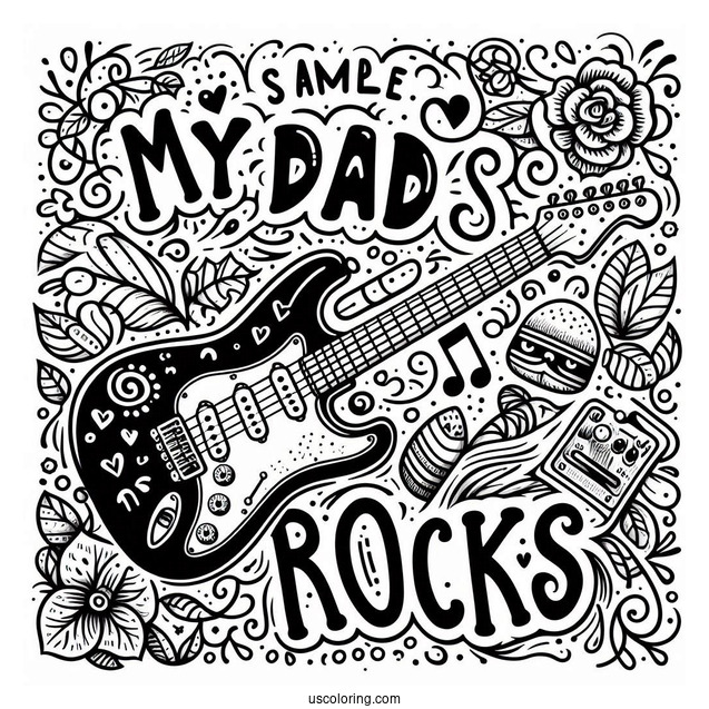 Father's Day Coloring Page Of My Dad Rocks Text With Electric Guitar