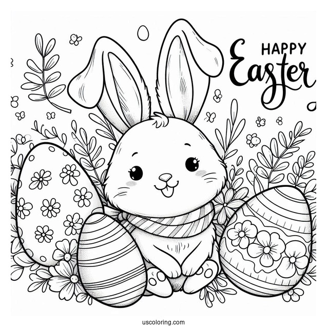 Happy Easter Greeting With Easter Bunny Coloring Page And Eggs