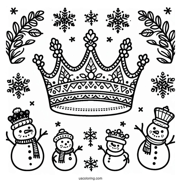 Winter Crown Coloring Page with Snowflakes and Snowmen
