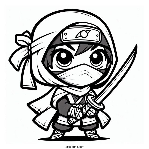 Serious Chibi Ninja With A Blade Coloring Sheet For Preschoolers