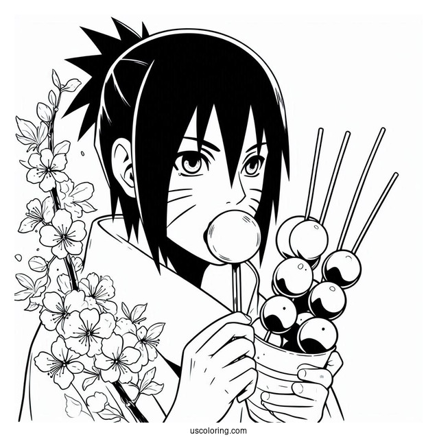 Uchiha Sasuke Coloring Page With Sakura Eating Tricolor Dango