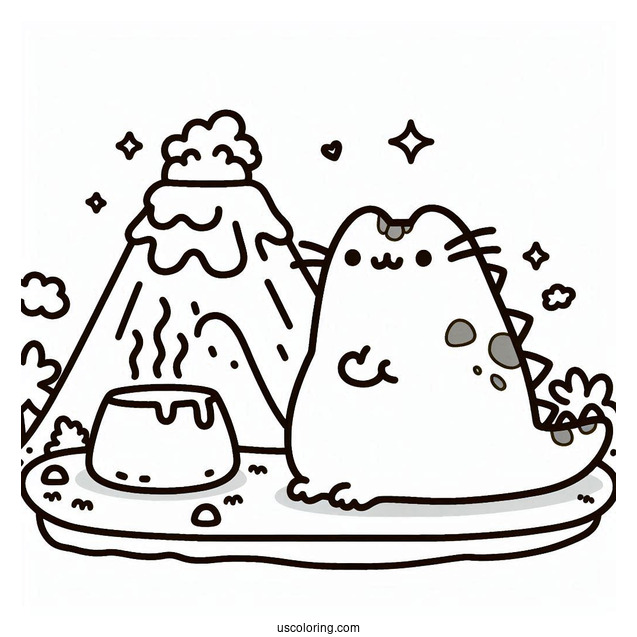 Dinosaur Pusheen Next To Volcano To Color