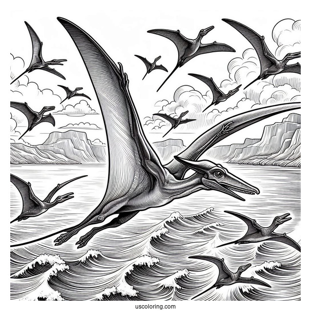 Realistic Pterodactyl Coloring Page Flying Over The Sea
