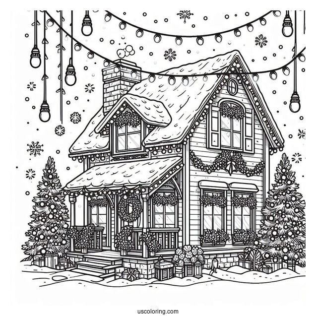 Detailed House Full Of Christmas Lights To Color