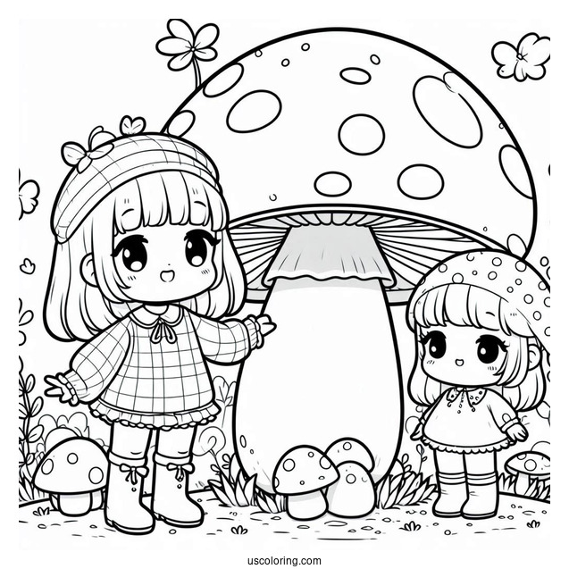 Kawaii Girls Playing With A Giant Mushroom Coloring Page